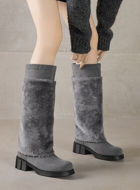 冬款厚绒棉靴毛靴毛毛鞋雪地靴棕色灰色靴子高筒靴女大码女靴MFY