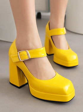 粉红色白色黄色春季亮皮方头粗跟高跟单鞋女红色婚鞋大码小码 MSZ