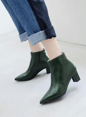 靴女女靴尖头婚鞋粗跟高跟绿色米色大码短靴 40 48 小码 32 pcsa