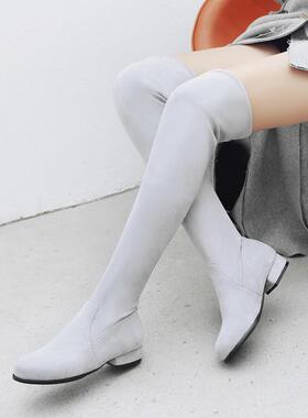 鞋女弹力女靴子姜黄色灰色靴子低跟过膝长靴大码女靴小码女鞋 YGP