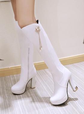 靴女秋冬女鞋长靴粉色白色粗跟高跟大码长靴 40 43 小码 32 hlmt