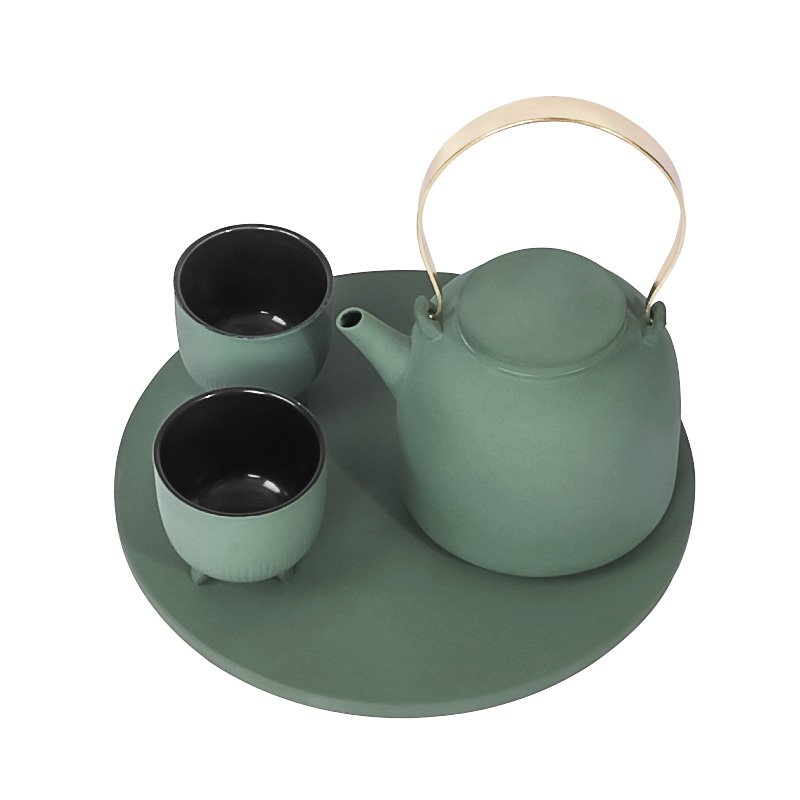 新中式绿色陶瓷茶具摆件样板房客厅茶几茶室摆台茶壶茶杯套装组合
