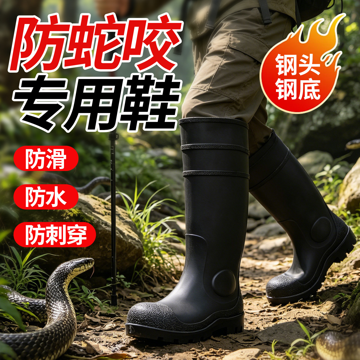 防蛇咬专用鞋夏季护腿野外钓鱼加厚男女专业雨鞋户外水鞋防穿刺款