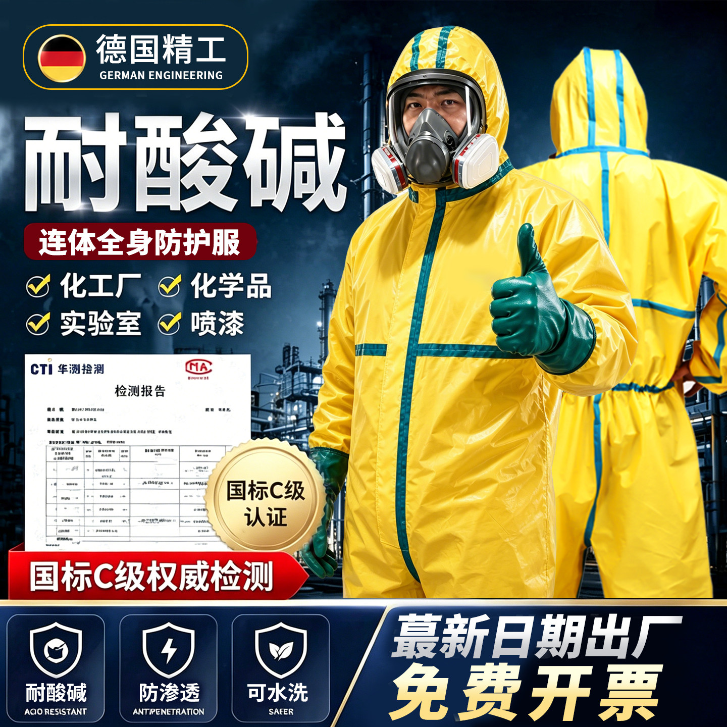 连体全身防护服户外打草防护服耐酸碱化学实验室防化服喷漆打农药
