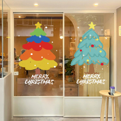 圣诞节装饰场景布置橱窗贴节日窗花贴可爱卡通树静电玻璃贴门贴纸