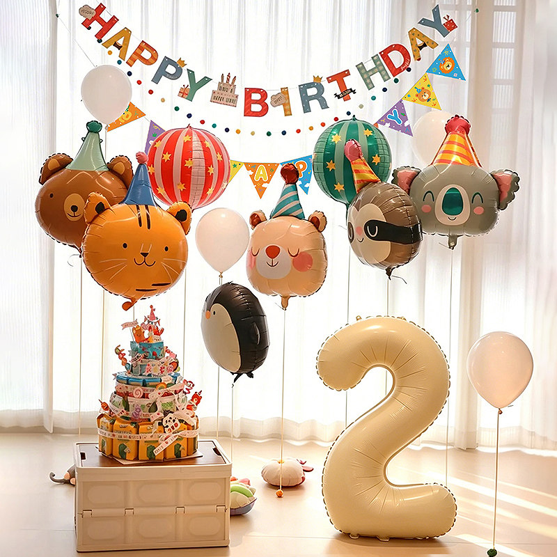 马戏团卡通动物主题生日气球拉旗儿童宝宝2周岁派对装饰场景布置