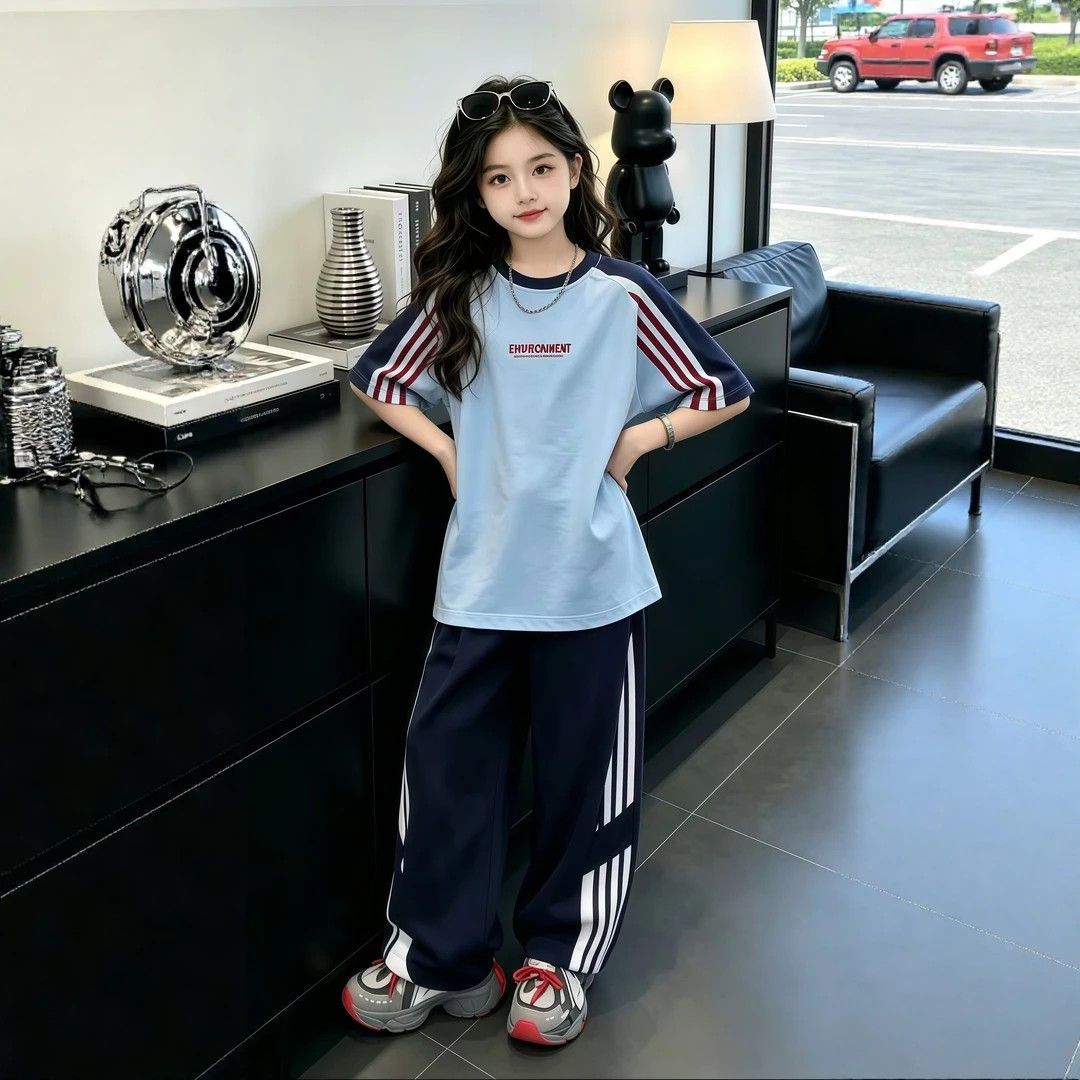 纯棉女童条纹短袖长裤两件套