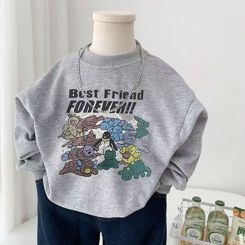 中大童韩版休闲卡通加绒圆领卫衣秋冬款儿童洋气宽松宝宝无帽外套