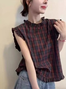 上衣女港风复古宽松减龄衬衫 2025夏季 格子拼接木耳边无袖 新款 时尚