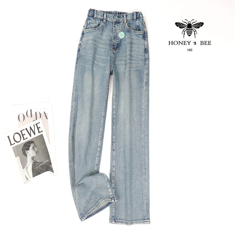 欧货小蜜蜂春季做旧高腰直筒牛仔裤小个子显瘦松紧腰窄版阔腿裤女,女装/女士精品,牛仔裤,淘宝优惠券,粉丝福利购,淘宝优惠卷