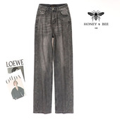HONEYBEE欧货春夏季 女 阔腿裤 灰色重工烫钻直筒牛仔裤 高腰显瘦窄版