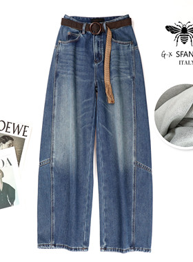 欧货小蜜蜂冬季新款蓝色高腰加厚香蕉裤显瘦宽松加绒弯刀牛仔裤女