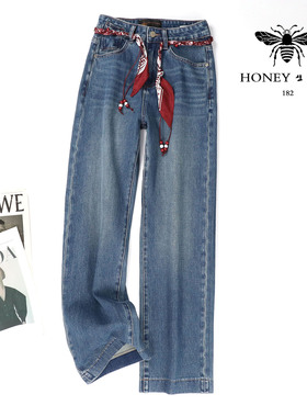 欧货小蜜蜂早秋深蓝色高腰垂感直筒牛仔裤显瘦筷子裤窄版阔腿裤女