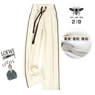 女 宽松加厚加绒阔腿裤 219欧货小蜜蜂冬季 米白色松紧腰弹力直筒裤