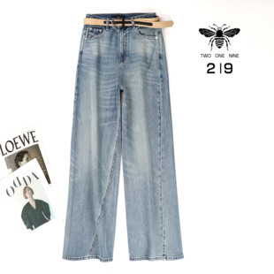 219欧货小蜜蜂春季做旧不规则时尚直筒牛仔裤显瘦洋气窄版阔腿裤