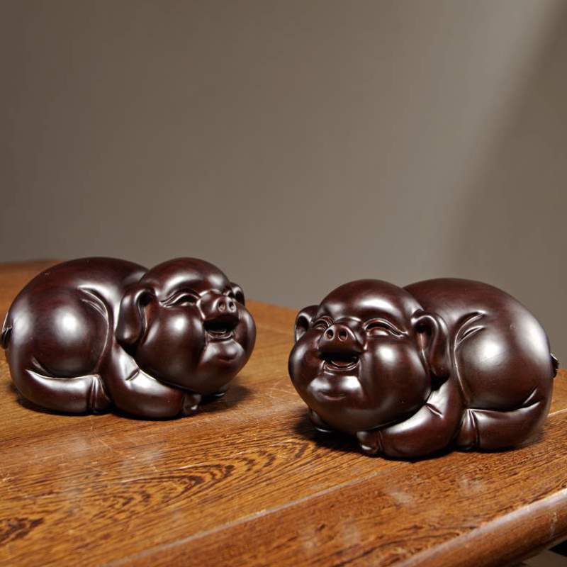 装饰生肖工艺礼品办公室博古架摆件客厅家居红木木质雕刻猪黑檀实