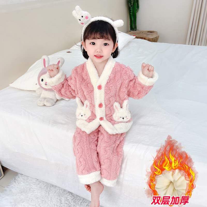 新款套装女绒法兰绒家居服宝宝冬季秋冬小童薄绒儿童睡衣珊瑚女童
