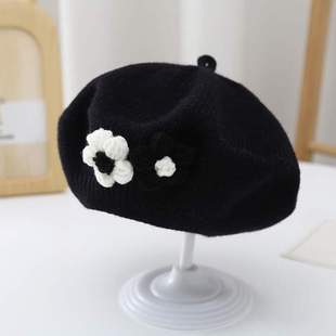 小花帽女童毛线帽婴儿女画家儿童针织宝宝可爱潮秋冬季贝雷帽帽子