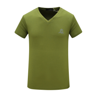 棉V领套头休闲商务上衣 KN23康L尼L男式 T恤 短袖 绿色 夏季