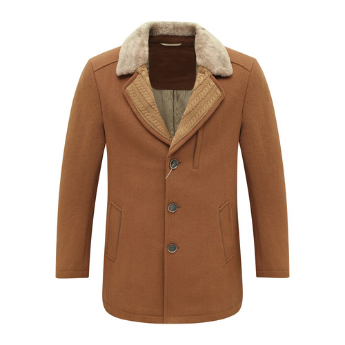 MY498美秋冬男式大衣 羊毛羊剪毛领直排扣保暖防风外套 卡其色