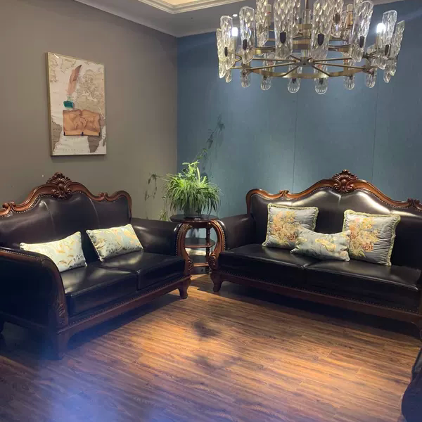 品牌家具专柜款美式复古实木框架手工雕花高端别墅接触面真皮沙发