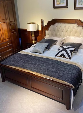 品牌家具1.8米x2米别墅美式床软包床深色卧室床1910*2190*1440mm