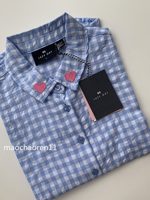 可爱英国清爽蓝色格子刺绣衬衫