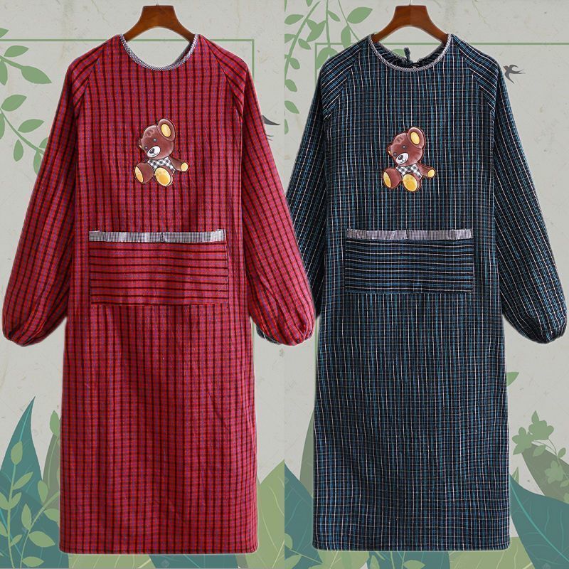 围裙带袖老粗布罩衣女外穿长袖厨房清洁工作服家用干活袖套实用设