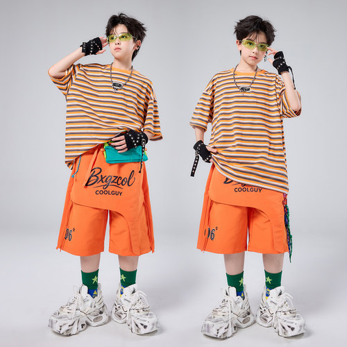 儿童街舞潮服演出服男童套装hiphop童装嘻哈女架子鼓潮牌 条纹T恤