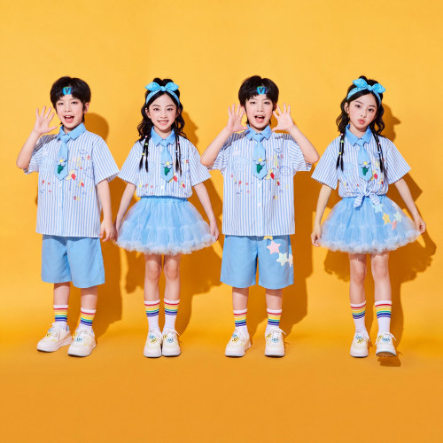 六一儿童演出服小学生运动会啦啦操合唱服表演幼儿园条纹衬衫纱裙