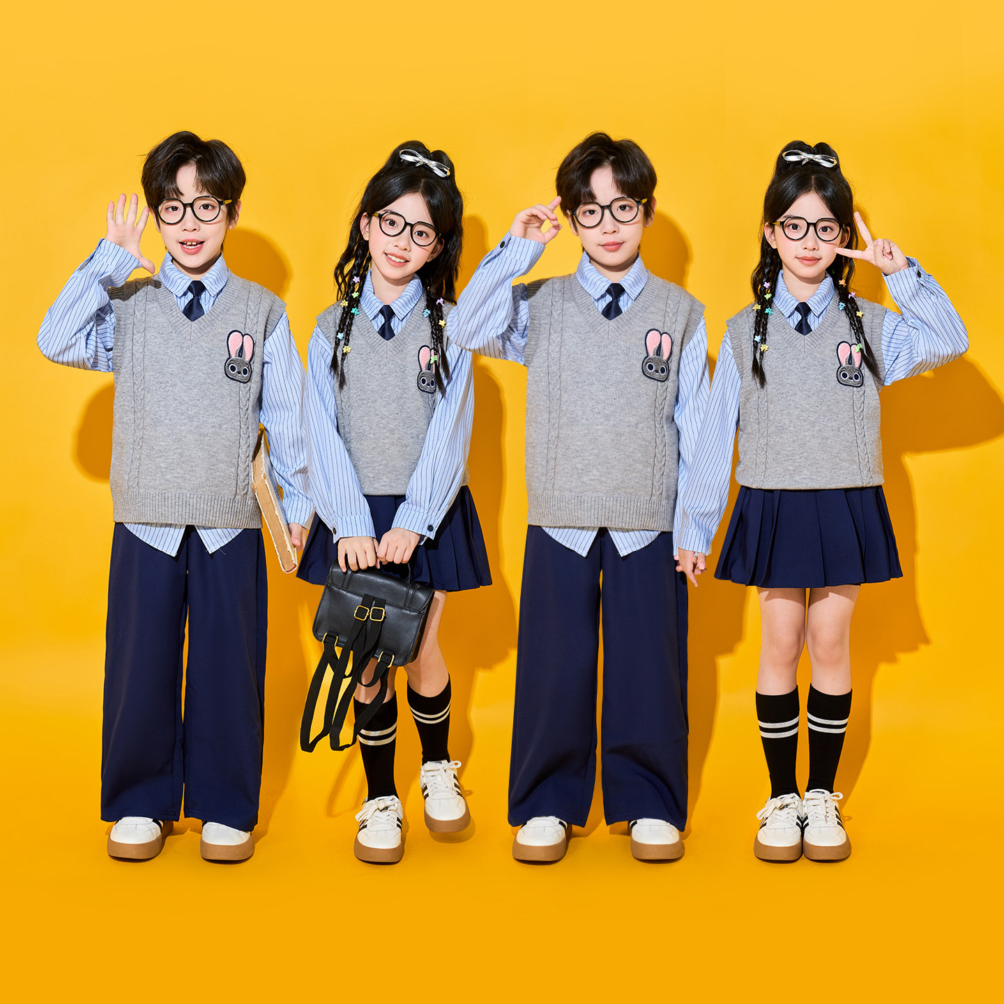 儿童演出服小学生运动会啦啦操学院风灰色毛衣马甲套装合唱服表演