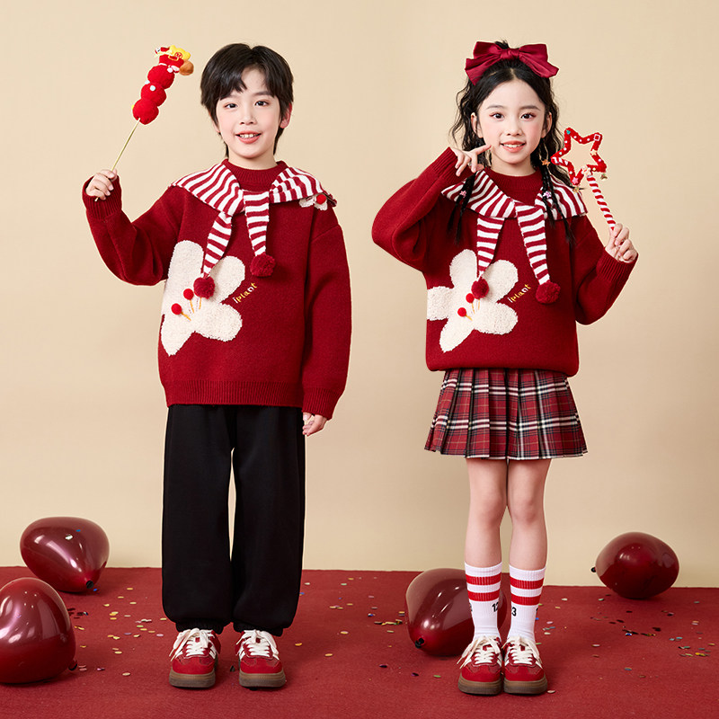 元旦儿童演出服合唱服表演服小学生花朵毛衣套装新年拜年服亲子装