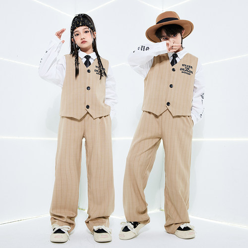 儿童爵士舞套装卡其西装马甲潮服