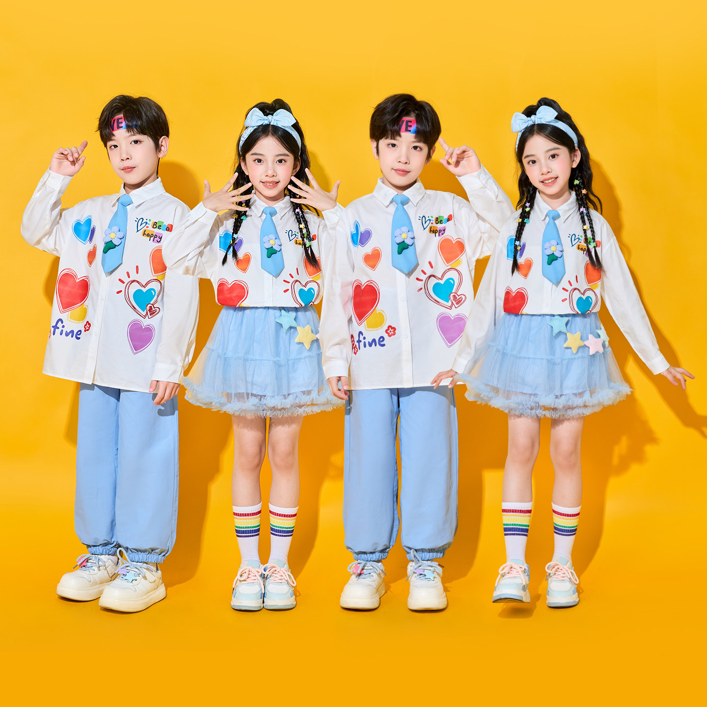 儿童演出服小学生运动会啦啦操爱心蓝色纱裙套装班服合唱服表演服