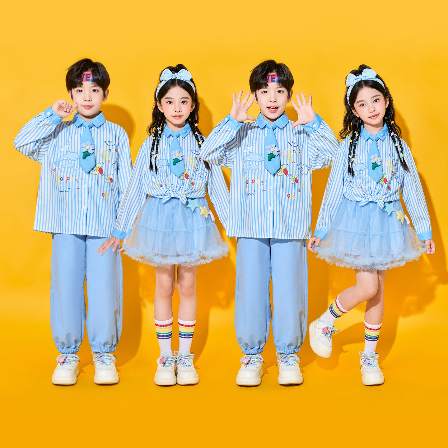 儿童演出服小学生运动会啦啦操蓝色条纹衬衫纱裙班服合唱服表演服