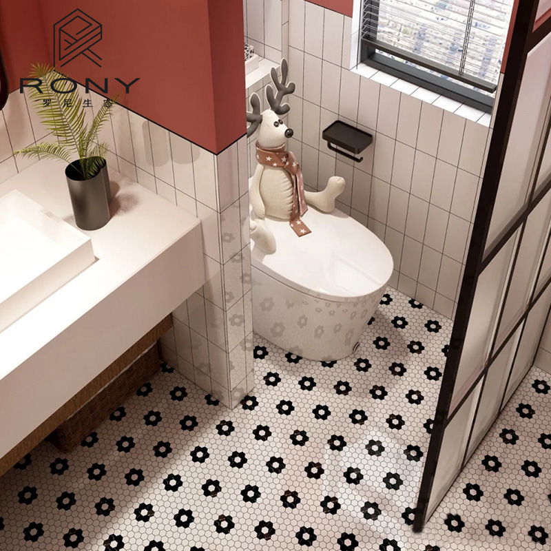 北欧黑白梅花六角砖厨卫马赛克瓷砖厨房浴室防滑地砖欧式简约墙砖