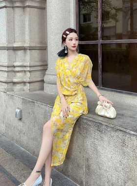 夏季新款法式气质名媛高级感碎花连衣裙女收腰显瘦开叉长裙60793