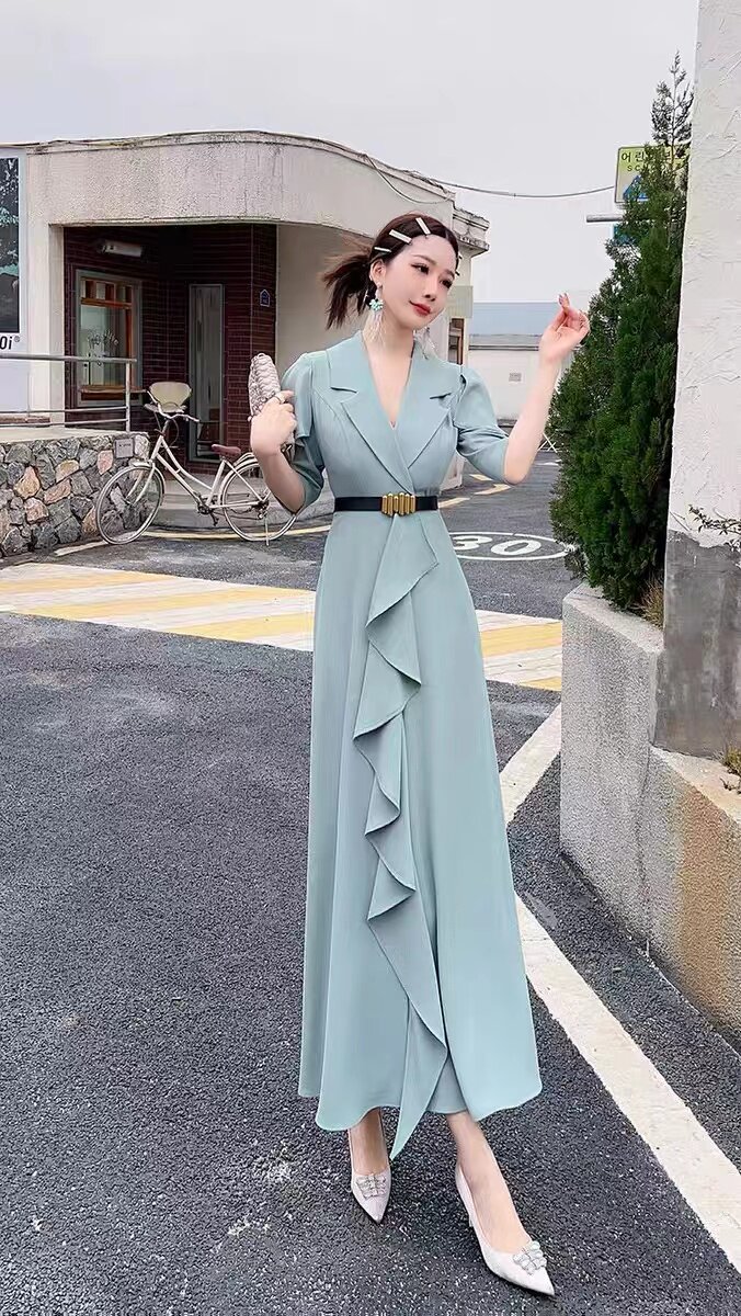 荷叶边中袖垂坠感休闲连衣裙女夏洋气减龄气质收腰长裙83317