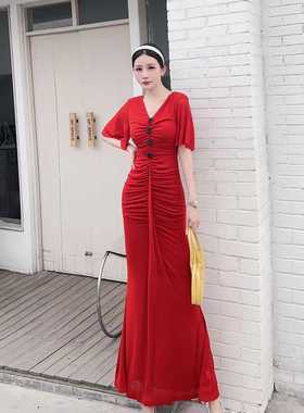 遮肉显瘦连衣裙独特紧身V领包臀网纱裙子高级感法式初恋长裙83369