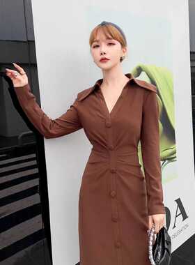 POLO领时尚休闲纯色单排扣收腰连衣裙 82185