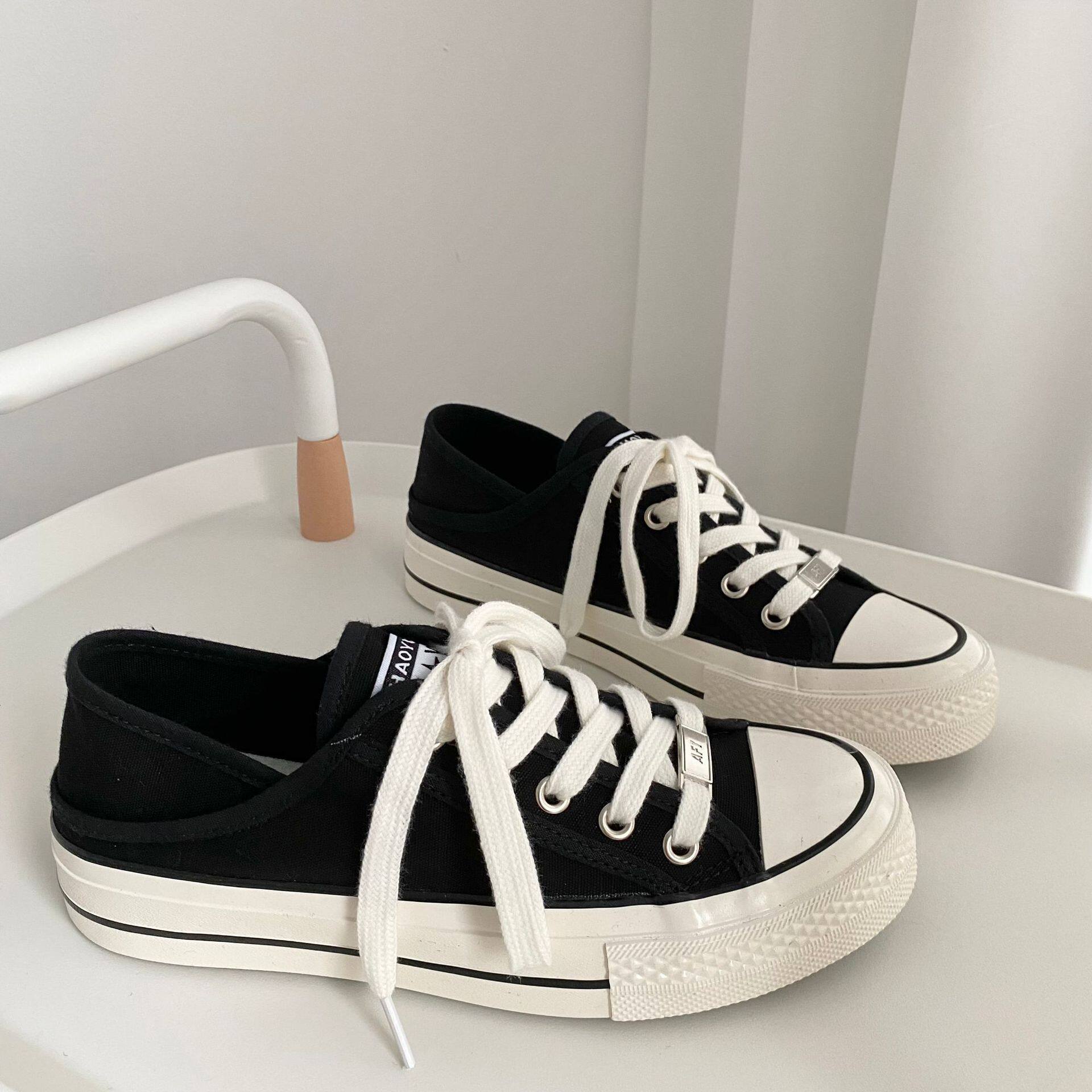 虹色帆布鞋女港风复古踩跟半托鞋踩脚懒人鞋2023初中生高中生少女