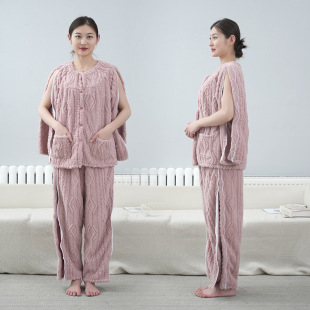 一片式护理服女秋冬易穿脱法兰绒生病卧床病号服护理服睡衣家居服