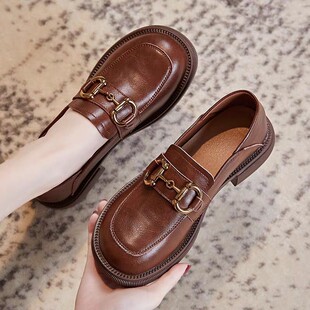 厚底乐福鞋 春秋2023新款 真皮复古一脚蹬平底 女鞋 英伦风小皮鞋