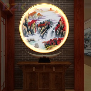 新中式山水画客厅挂画入户玄关圆形LED灯装饰画鸿运当头书房餐t8