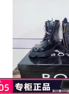 BOY LONDON马丁靴单层时尚圆头高筒黑色牛皮革马丁靴鞋子