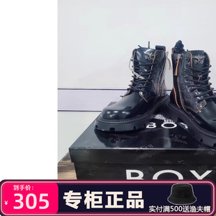 BOY LONDON马丁靴单层时尚圆头高筒黑色牛皮革马丁靴鞋子