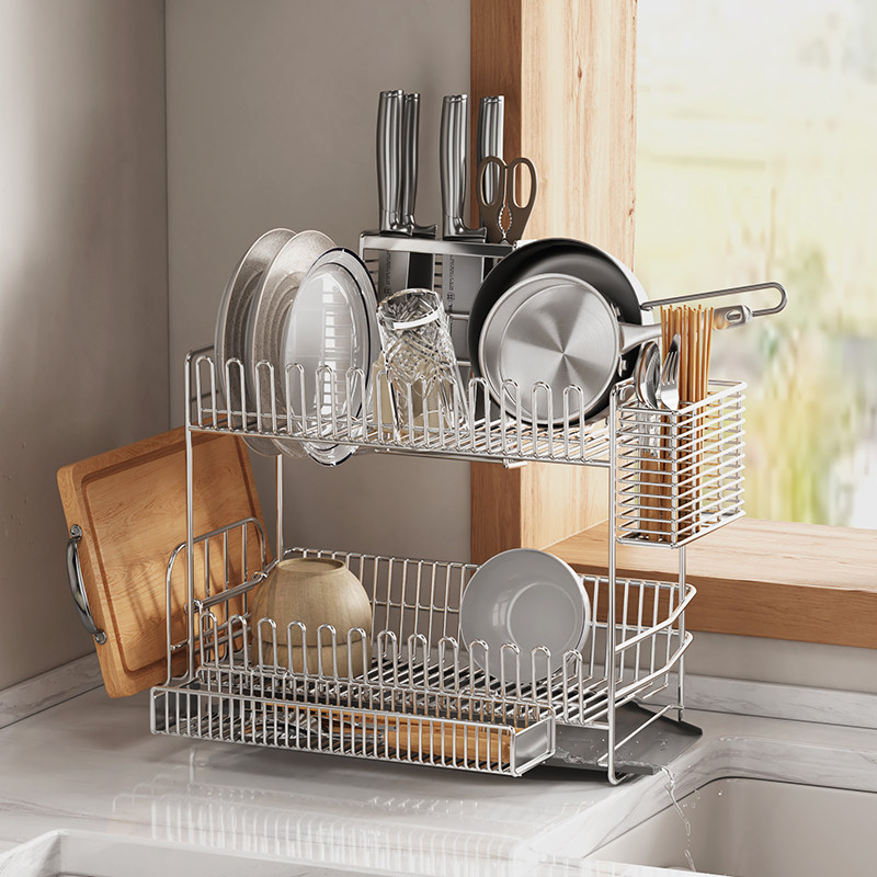 304不锈钢双层放碗碟水槽沥水架碗筷沥水篮侧开 口筷子架菜板架子