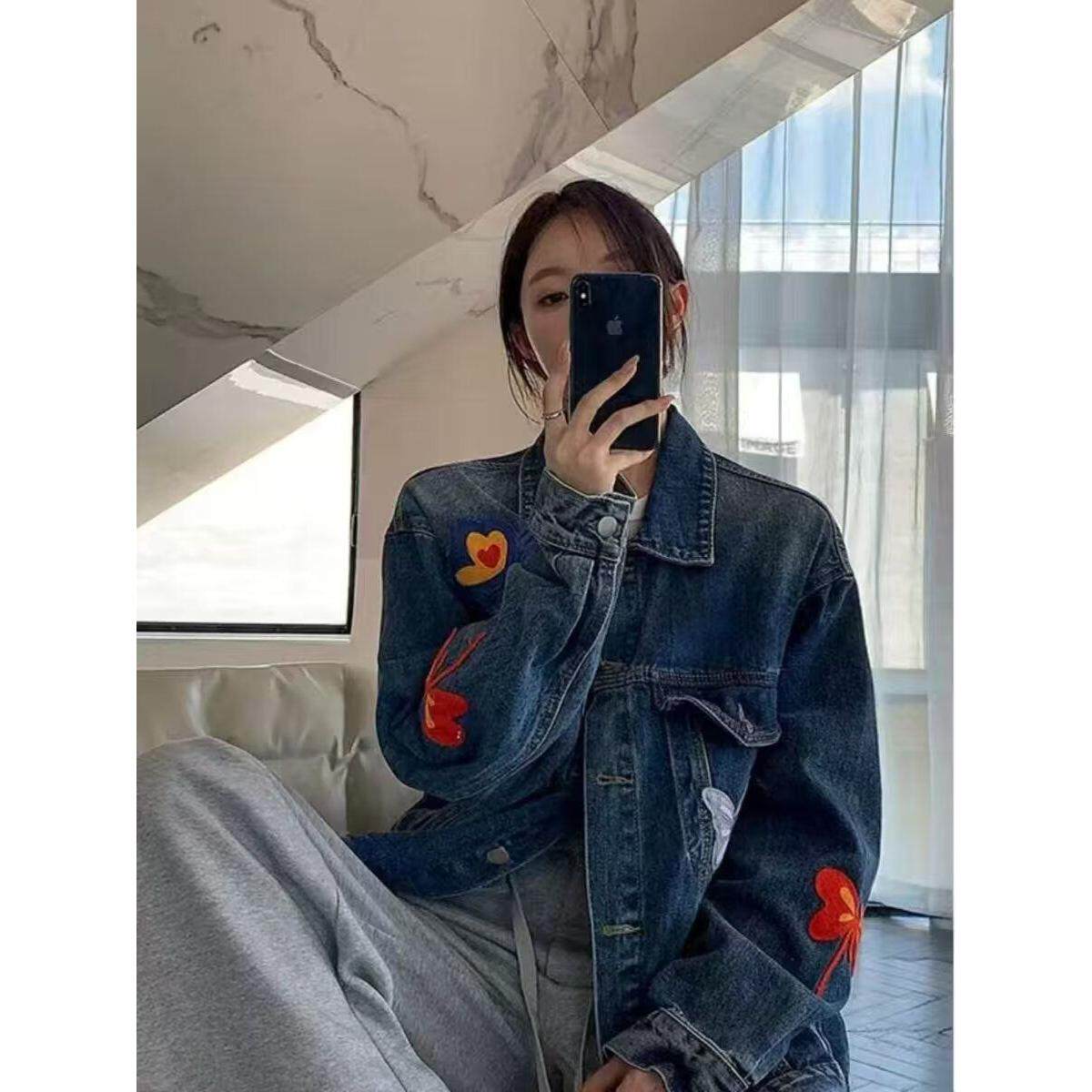 美式高街蝴蝶刺绣水洗牛仔外套男女春秋新款嘻哈高级休闲复古夹克