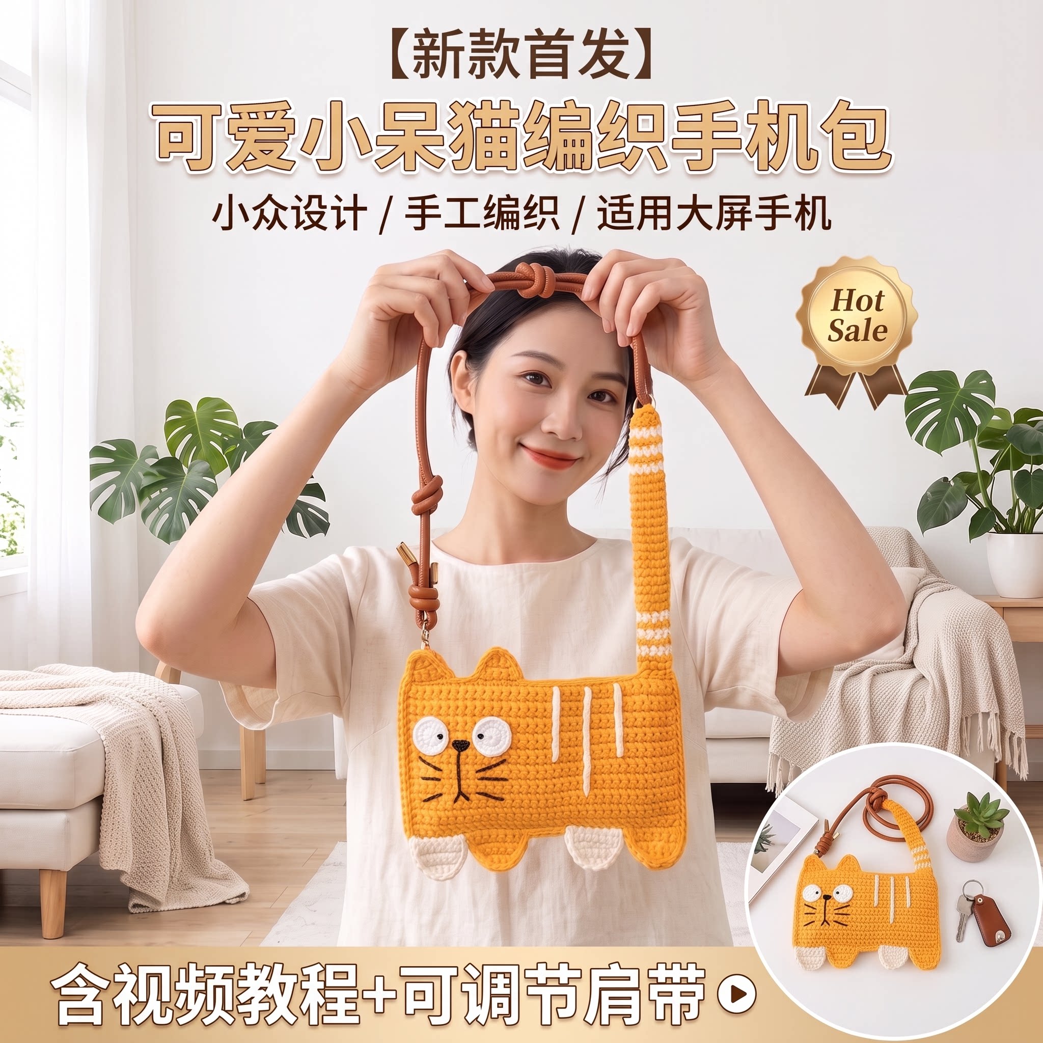 手工钩织小呆猫手机包材料包