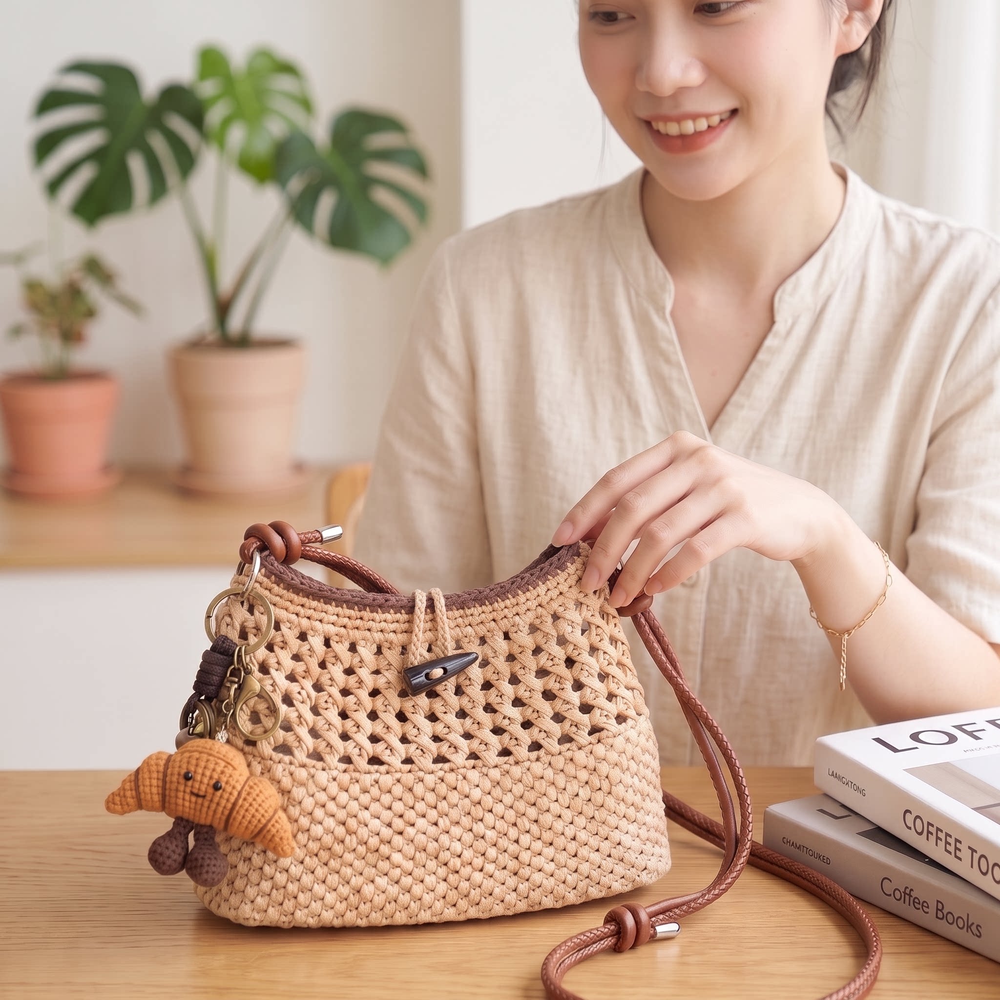 DIY手工编织镂空可颂棉草包